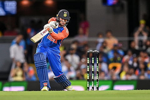 India's Abhishek Sharma plays a shot during the fifth T20I cricket match of a series between India and Australia, in Brisbane, Australia.
