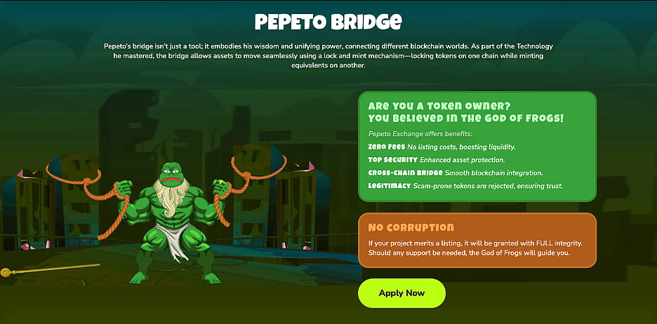 Pepeto Bridge DeFi project with a muscular Pepe the Frog mascot and key features listed.