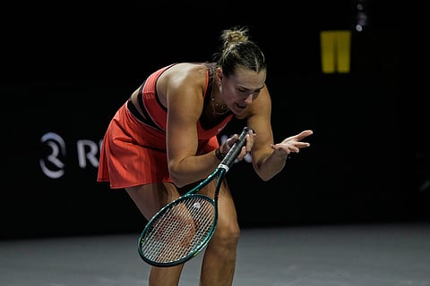Aryna Sabalenka of Belarus reacts after losing a point against Elena Rybakina of Kazakhstan during their women's final singles match of the WTA finals in Riyadh, Saudi Arabia.