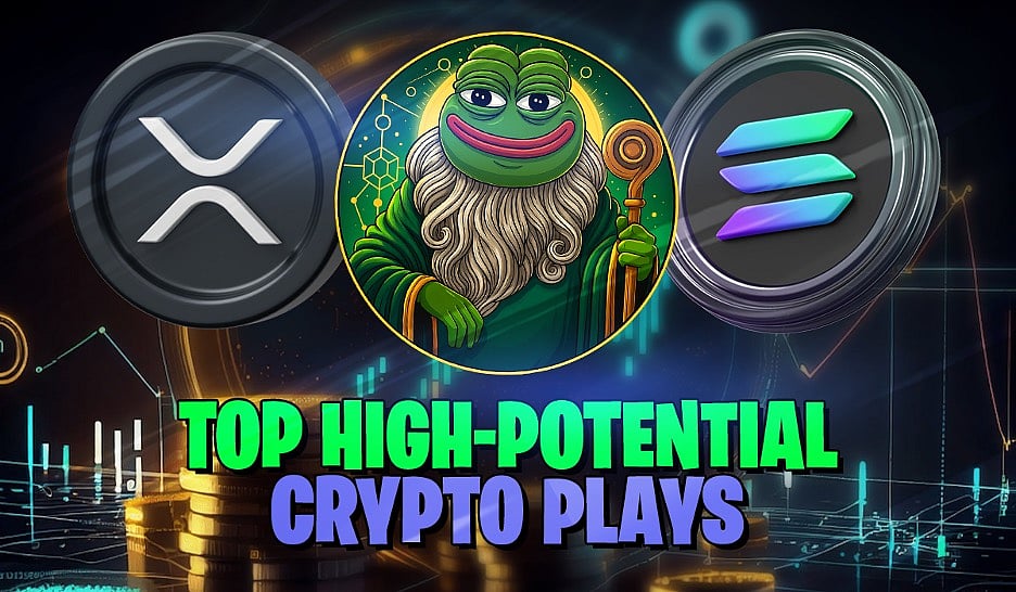 XRP, Solana, and Pepeto logos with text reading “Top High-Potential Crypto Plays.”