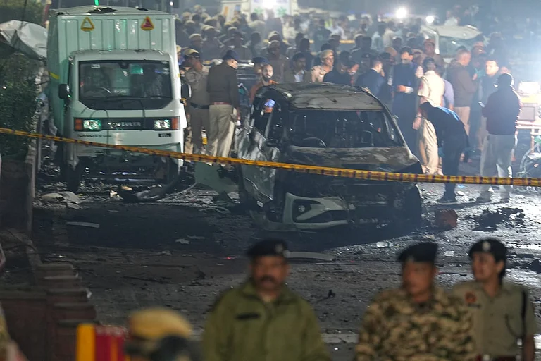 A view of the car decimated by the explosion in New Delhi's Red Fort area on November 10, 2025 - Suresh K Pandey