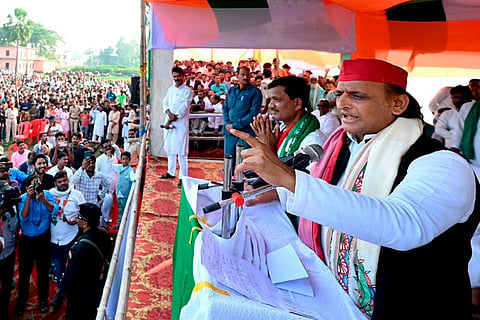 Samajwadi Party President Akhilesh Yadav addresses a rally for Bihar Assembly elections, in Madhubani district.