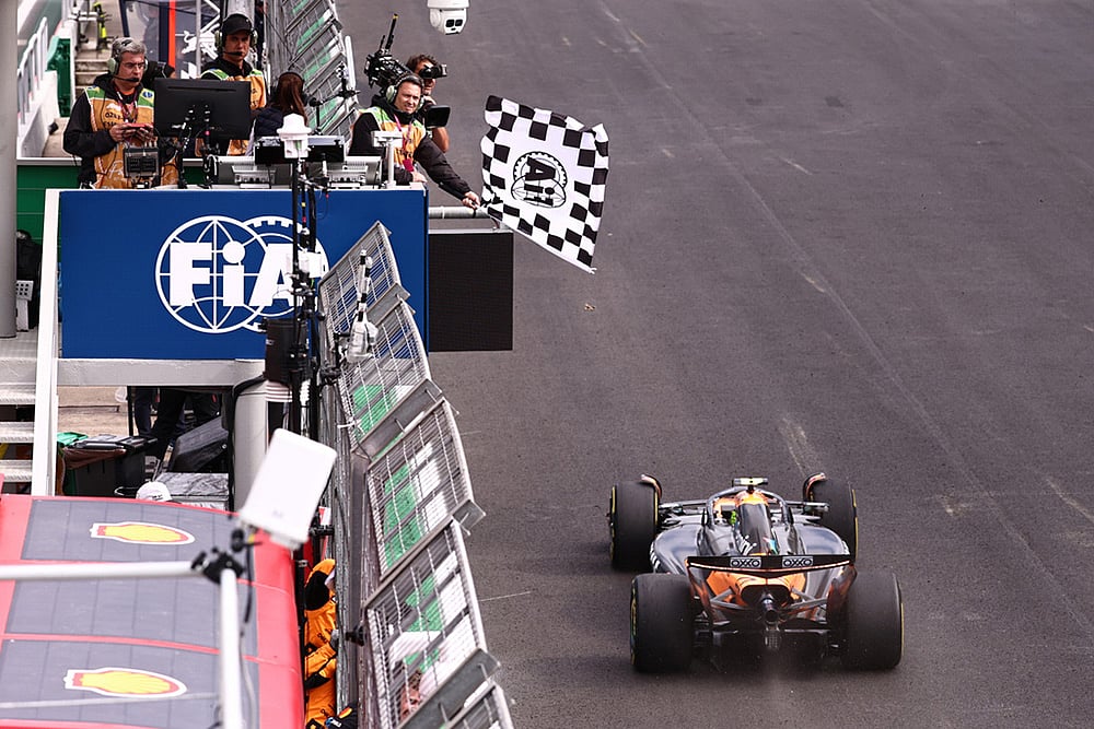 Brazil F1 GP Auto Racing 2025 Sao Paulo Grand Prix-Lando Norris of Britain crosses the finish line