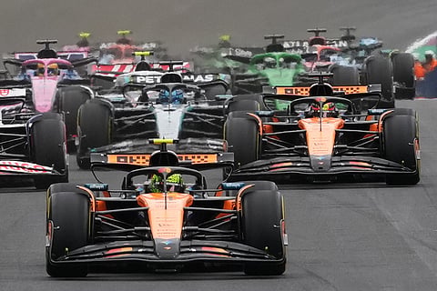 McLaren driver Lando Norris of Britain leads the race after the start of the Brazilian Formula One Grand Prix at the Interlagos race track in Sao Paulo.