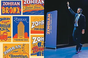 Questioning the Status Quo: (Left) Campaign posters of Zohran Mamdani; (right) Mamdani at an election party in New York