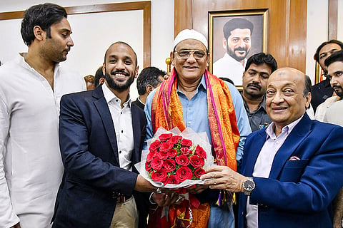 Former cricketer Mohammad Azharuddin is being felicitated as he takes charge as Minister for Minorities Welfare of Telangana, at Dr. B.R. Ambedkar Telangana State Secretariat, in Hyderabad.