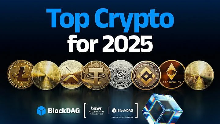 BlockDAG, Ethereum, XRP, and top cryptos 2025 promo graphic