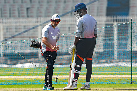 India's Sai Sudharsan with head coach Gautam Gambhir during a training session ahead of the first Test match between India and South Africa, at Eden Gardens, in Kolkata.