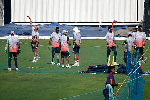 Indian cricketers practice during a training session ahead of the first test match between India and South Africa, in Kolkata.