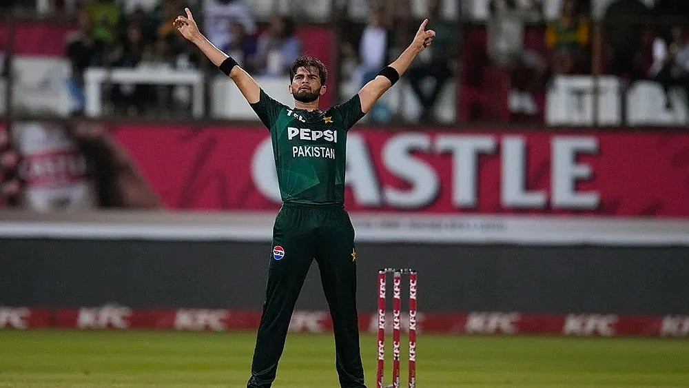 Photo: AP/Themba Hadebe : PAK vs SA: Pakistan pacer Shaheen Shah Afridi celebrates a wicket.
