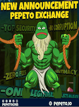 Pepeto Exchange announcement poster featuring a muscular green cartoon character.