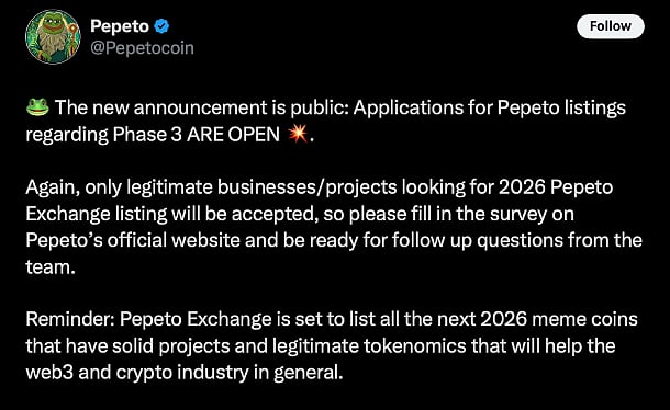 Pepeto Exchange Phase 3 listing announcement post highlighting legitimacy and 2026 projects.