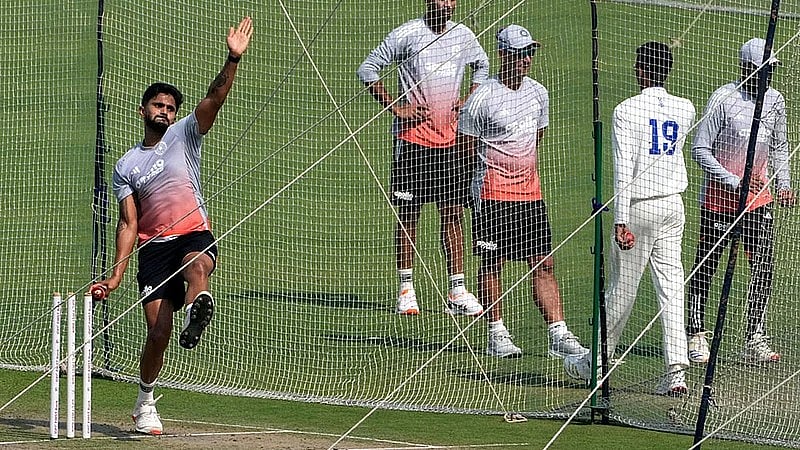 AP : Nitish Kumar Reddy (left) bowls in the nets during a practice session ahead of the first Test between India and South Africa, in Kolkata.
