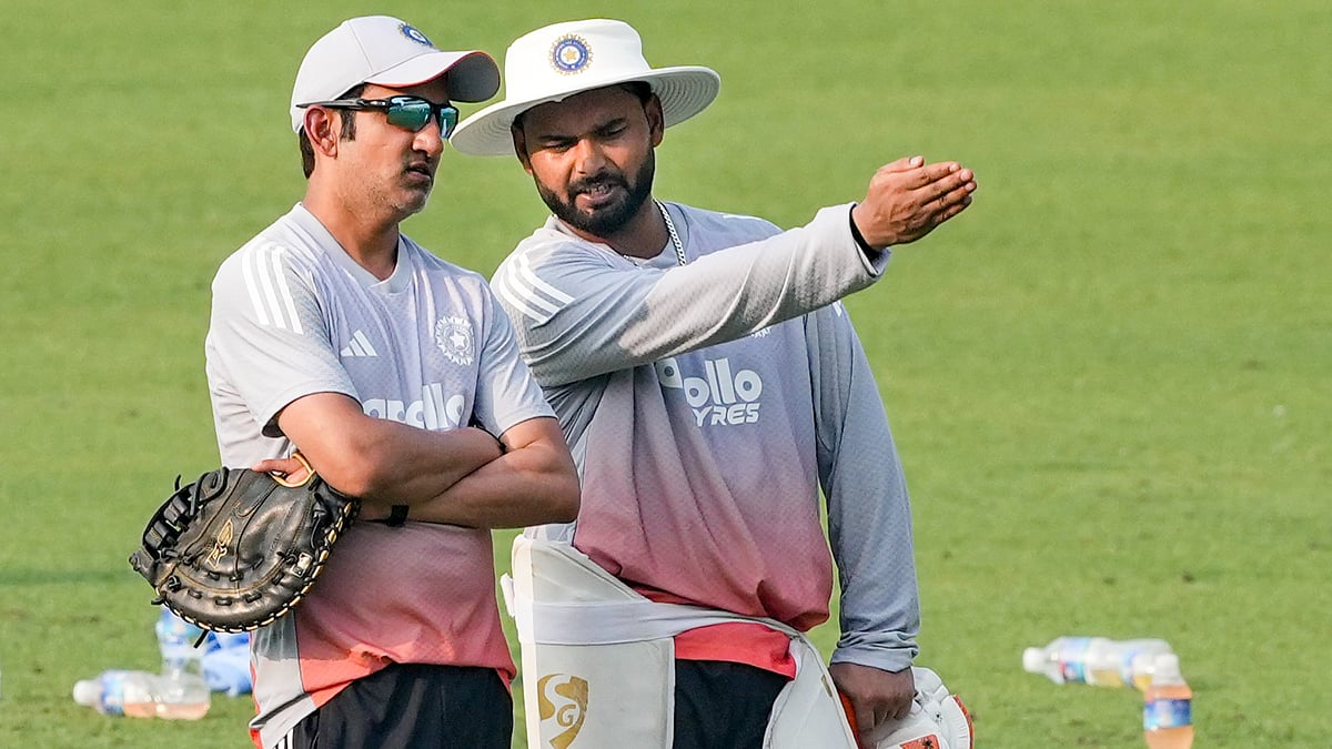 PTI : Rishabh Pant, right, and head coach Gautam Gambhir during a practice session ahead of the first Test between India and South Africa, at the Eden Gardens in Kolkata.