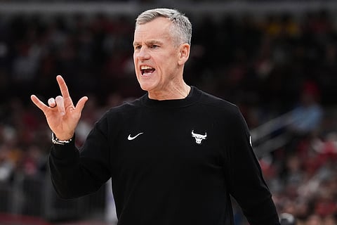 Chicago Bulls head coach Billy Donovan gives directions during the second half of an NBA basketball game against the San Antonio Spurs in Chicago.