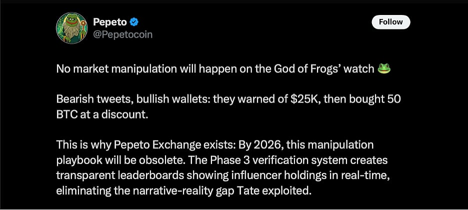 Social media post discussing market manipulation and Pepeto Exchange’s 2026 verification system.