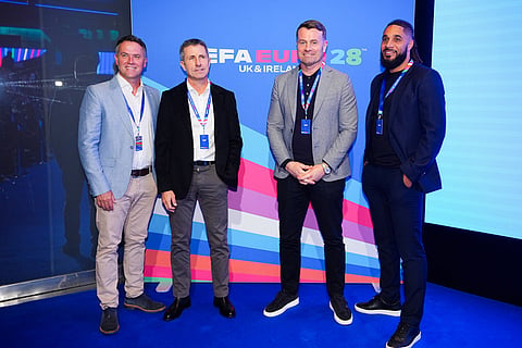 From left, Michael Owen, John Collins, Shay Given and Ashley Williams attend the Euro 2028 launch at Below The Lights, Piccadilly Circus, London.
