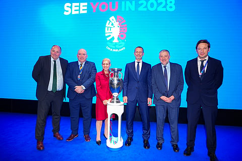 From left, Conrad Kirkwood, IFA President, Mike Mulraney, SFA President, Debbie Hewitt, UK&I Board Chair, Aleksander Ceferin, UEFA President, Paul Cooke FAI President and Noel Mooney, FAW Chief Executive attend the Euro 2028 launch at Below The Lights, Piccadilly Circus, London.