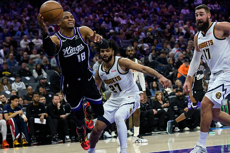 NBA basketball Sacramento Kings Vs Denver Nuggets-Kings guard Russell Westbrook