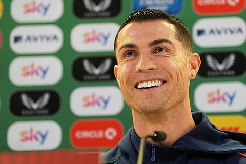 Portugal's Cristiano Ronaldo speaks during a press conference in Dublin, Ireland, ahead of Thursday's World Cup qualifying soccer match against Ireland.