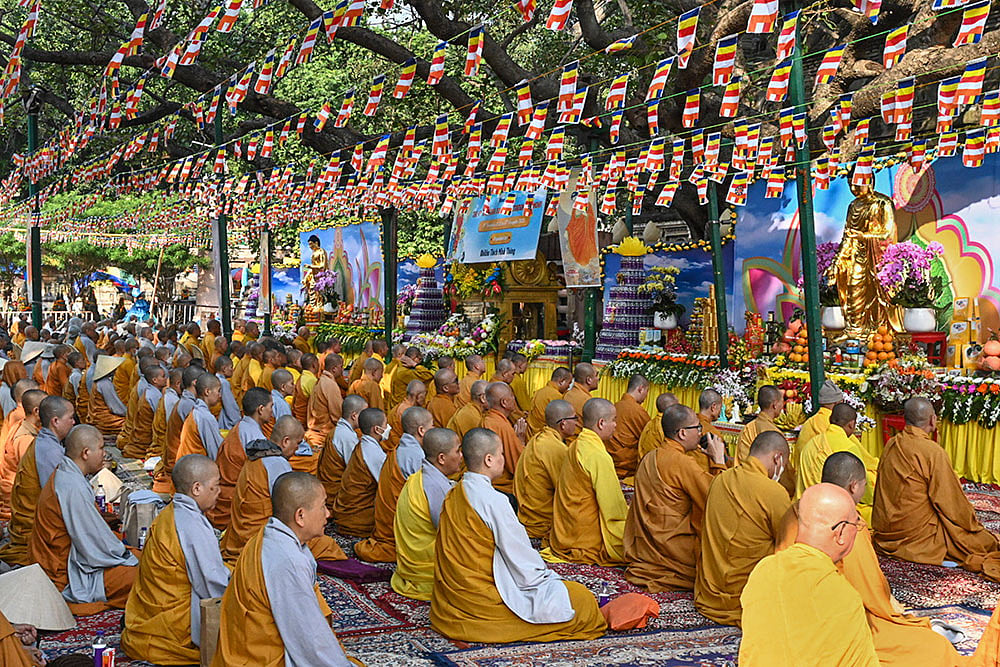 Vietnam Buddhist Sangha members offer prayers for world peace at Mahabodhi Temple