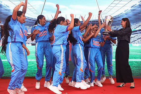 Harmanpreet Kaur, captain of Women's ODI World Cup 2025-winning Indian cricket team, interacts with students during a felicitation ceremony, at a school in Chennai.