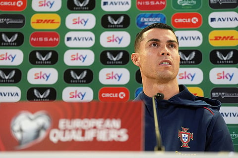 Portugal's Cristiano Ronaldo speaks during a press conference in Dublin, Ireland, Wednesday Nov. 12, 2025, ahead of Thursday's World Cup qualifying soccer match against Ireland. ()