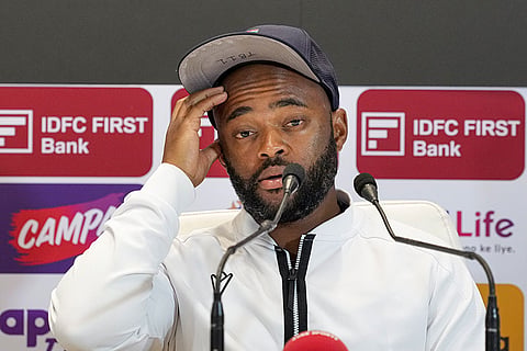 South Africa's captain Temba Bavuma addresses a press conference on the eve of the first Test cricket match between India and South Africa, at Eden Gardens in Kolkata.