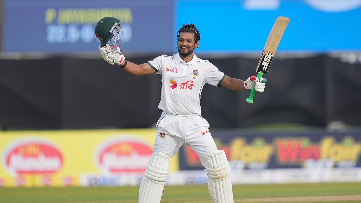  | Photo: (AP Photo/Eranga Jayawardena) : Bangladesh's captain Najmul Hossain Shanto celebrates his century during the first day of the first cricket test match between Sri Lanka and Bangladesh in Galle, Sri Lanka