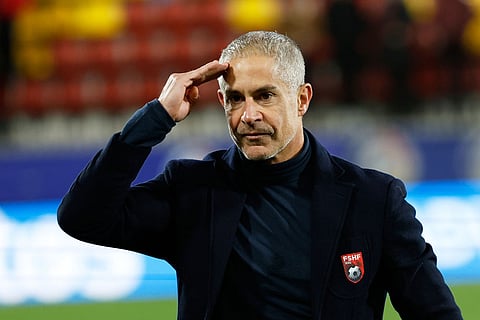Albania coach Sylvinho celebrates at the end of a World Cup 2026 group K qualifying soccer match between Andorra and Albania in Encamp, Andorra.