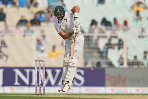 South Africa's Aiden Markram plays a shot on the first day of the first cricket test match between India and South Africa in Kolkata.