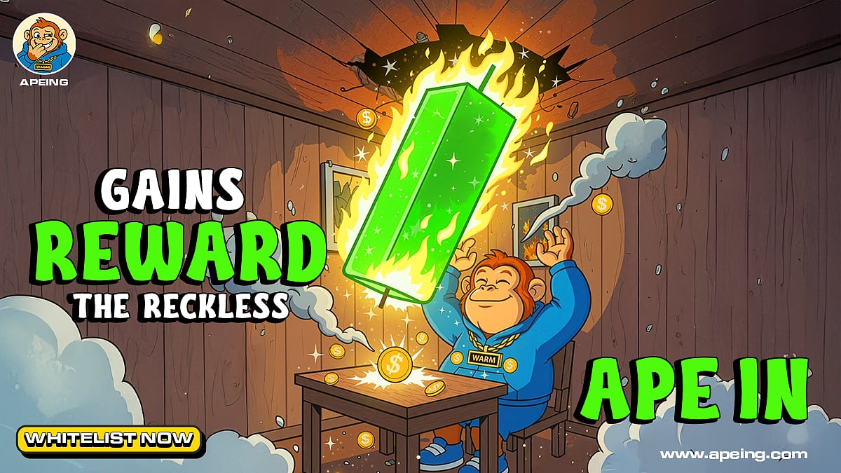 An illustrated meme coin advertisement featuring a monkey receiving a glowing green reward block.