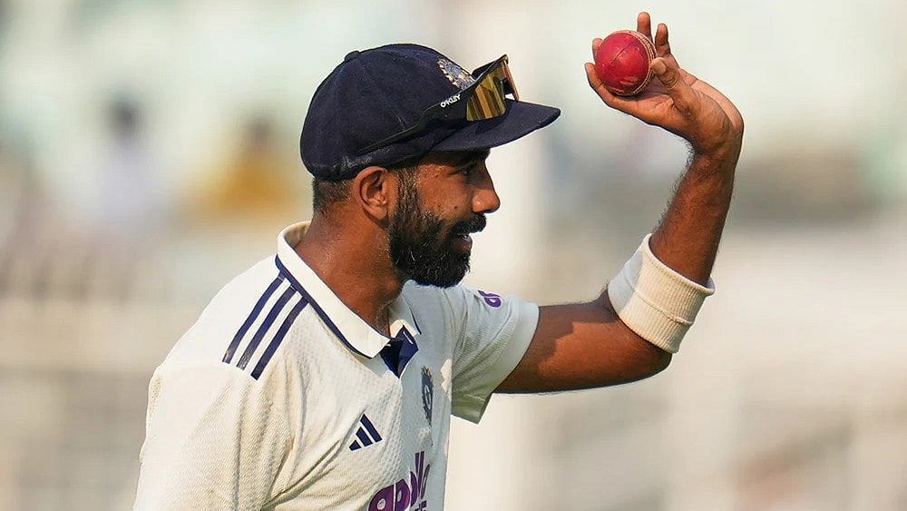 | Photo: AP/Aijaz Rahi : India's Jasprit Bumrah celebrates after a five-wicket haul on the first day of the first cricket test match between India and South Africa in Kolkata.