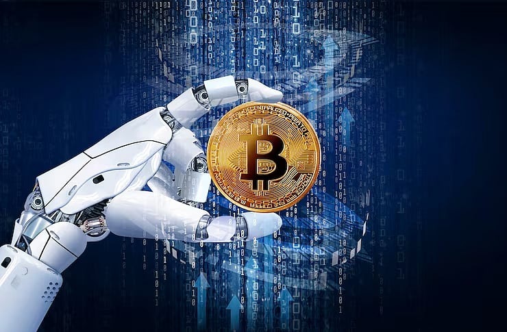 Robot hand holding a Bitcoin coin against a digital blue background.