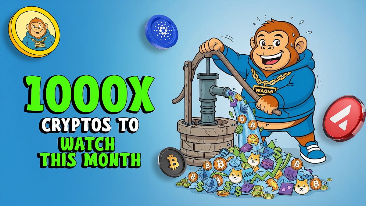Cartoon monkey pumping a well that produces various crypto tokens.1000X CRYPTOS TO WATCH THIS MONTH