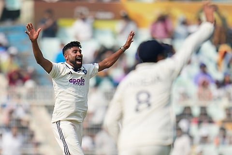 India's Mohammed Siraj appeals successfully for the wicket of South Africa's Kyle Verreynne on the first day of the first cricket test match between India and South Africa in Kolkata.