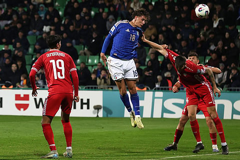 Italy's Pio Esposito scores his side's second goal during a group 1, World Cup qualifier soccer match between Moldova and Italy in Chisinau, Moldova.