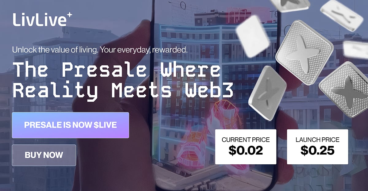 LivLive+ presale ad: The Presale Where Reality Meets Web3, showing current and launch prices.