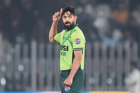 Pakistan's Haris Rauf celebrates after the dismissal of Sri Lanka's Kamindu Mendis during the second one day international cricket match between Pakistan and Sri Lanka, in Rawalpindi, Pakistan.