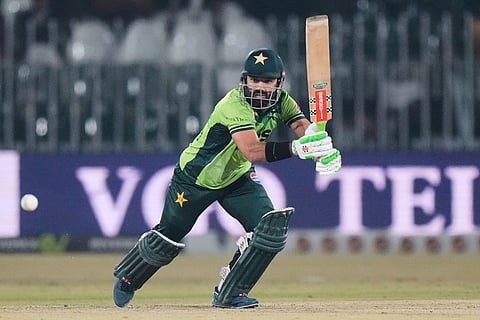 Pakistan's Mohammad Rizwan plays a shot during the second one day international cricket match between Pakistan and Sri Lanka, in Rawalpindi, Pakistan.