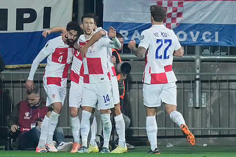 Croatia players celebrate after a goal during a World Cup 2026 group L qualifying soccer match between Croatia and Faroe Islands in Rijeka, Croatia.