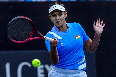 India's Shrivalli Bhamidipaty returns to Slovenia's Tamara Zidansek during the Billie Jean King Cup play-offs round first singles match, in Bengaluru, Karnataka. Zidansek won the match by 6-3, 4-6 and 6-1. 