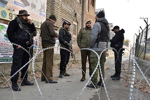 Security personnel keep vigil after an accidental explosion ripped through Nowgam police station on late Friday night, in Srinagar.