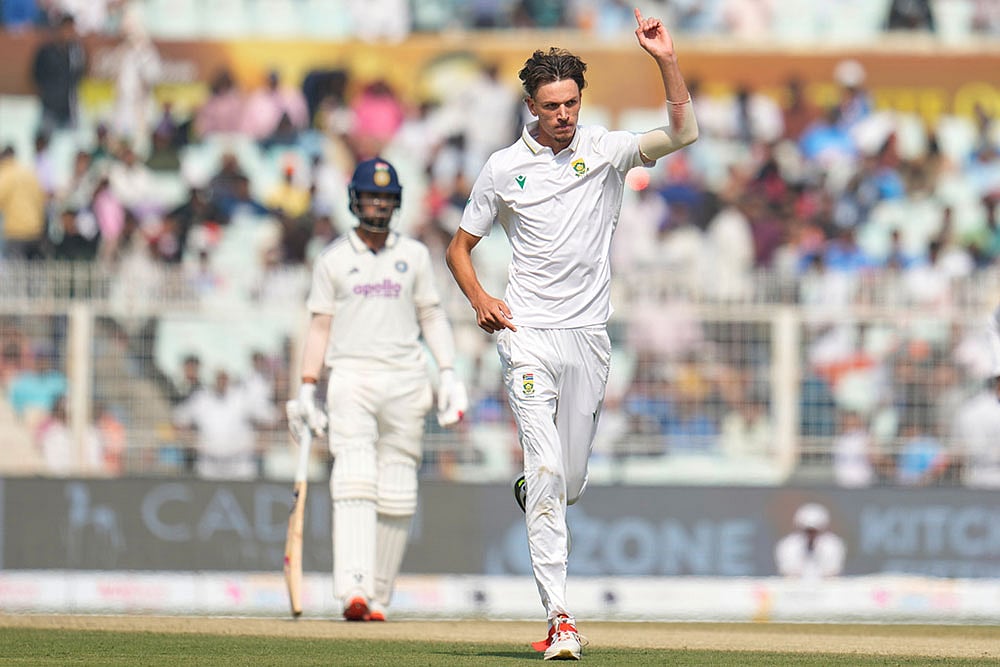 South Africas Marco Jansen celebrates the dismissal of Indias Yashasvi Jaiswal 