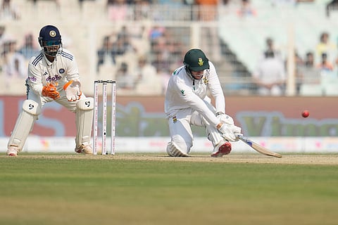 South Africa's Corbin Bosch hits a boundary on the third day of the first cricket test match between India and South Africa in Kolkata, India.