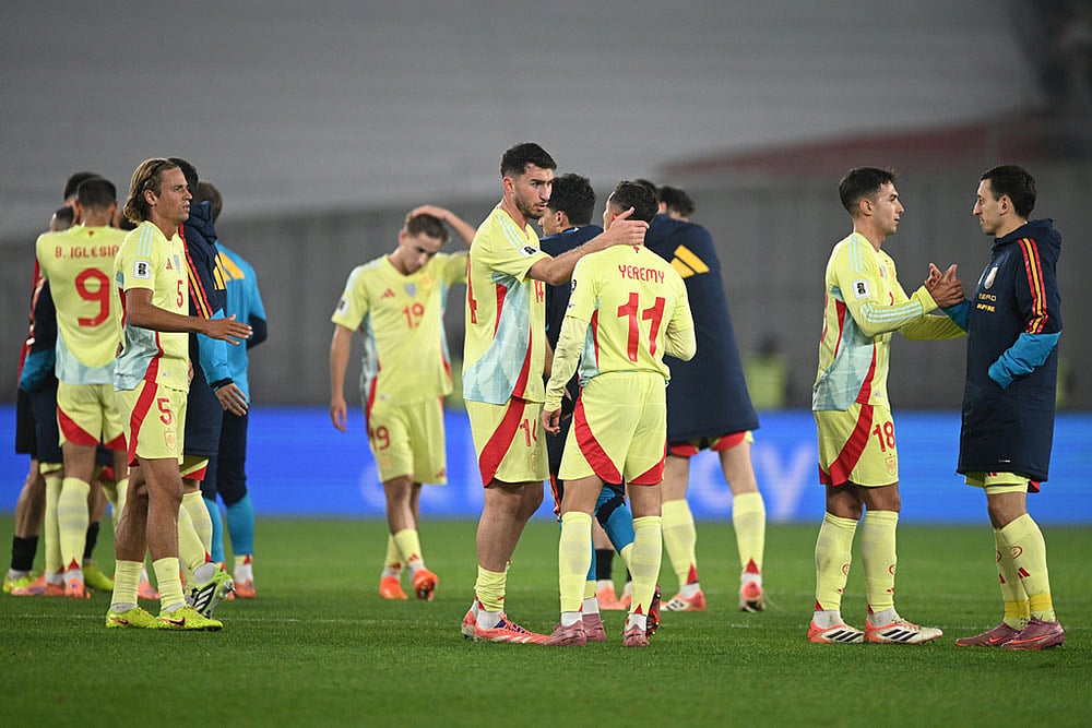 | Photo: AP/Tamuna Kulumbegashvili : Spain's players celebrate their 4-0 victory in the World Cup 2026 group E qualifying soccer match between Georgia and Spain in Tbilisi, Georgia.