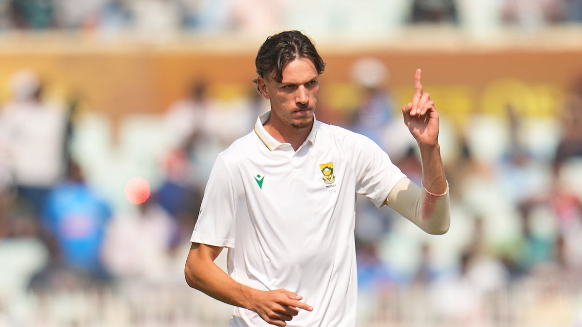 (AP Photo/Aijaz Rahi) : South Africa's Marco Jansen celebrates the dismissal of India's Yashasvi Jaiswal on the third day of the first cricket test match between India and South Africa in Kolkata, India, Sunday, Nov. 16, 2025.