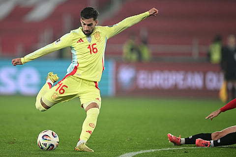 Spain's Alex Baena kicks the ball during a World Cup 2026 group E qualifying soccer match between Georgia and Spain in Tbilisi, Georgia.