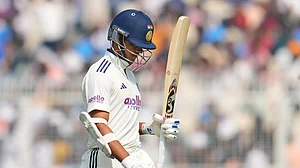 (AP Photo/Aijaz Rahi) : India's Yashasvi Jaiswal walks off the field after losing his wicket on the third day of the first cricket test match between India and South Africa in Kolkata, India, Sunday, Nov. 16, 2025.