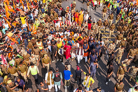 Spiritual leader Dhirendra Shastri (centre) during his 'Sanatan Hindu Ekta Padyatra', on the outskirts of Mathura.